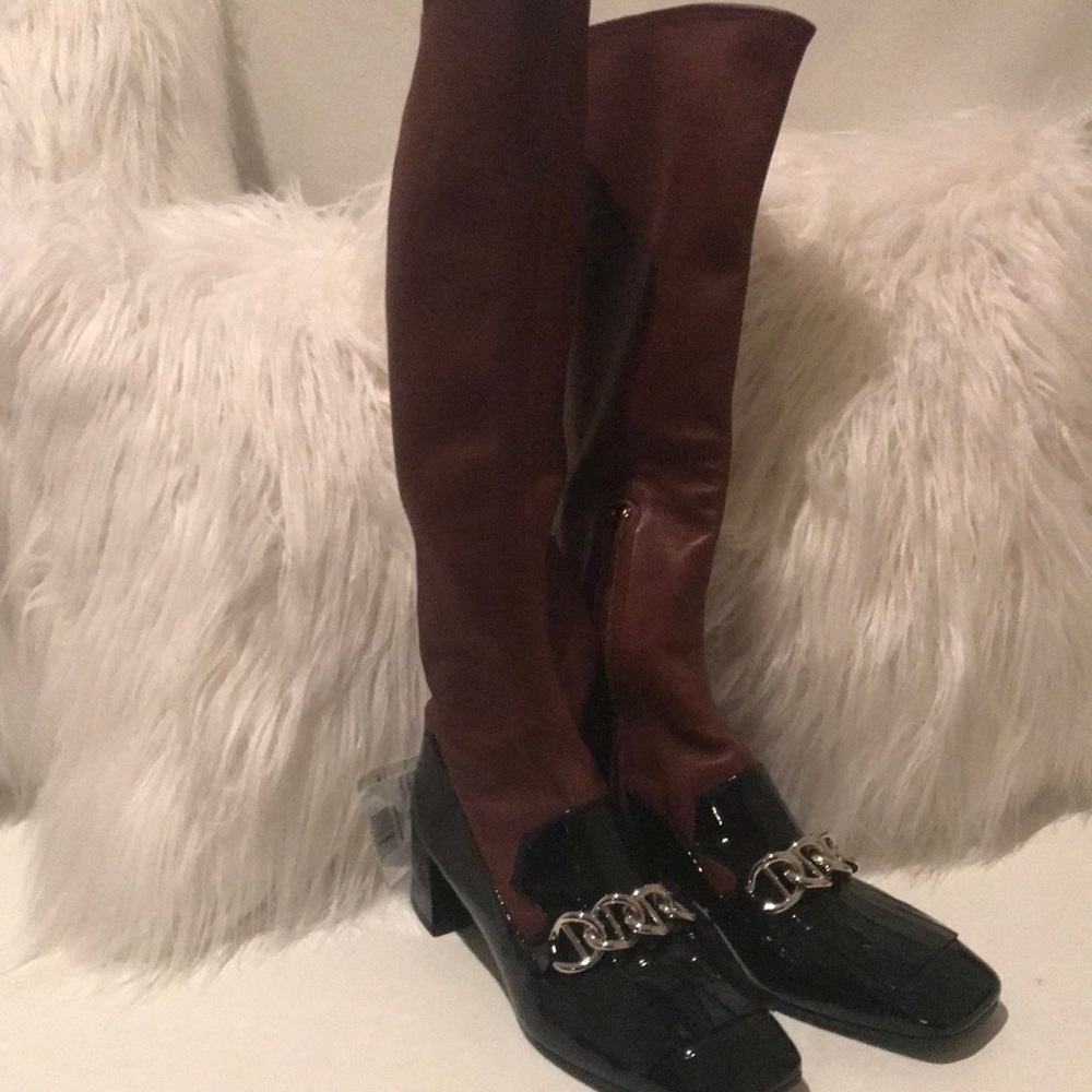 Authentic Prada patent and coffee leather boots